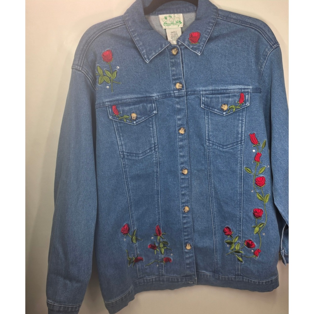 Quacker Factory Denim Jacket Small Blue Rhinestone Rose Floral Embroidered